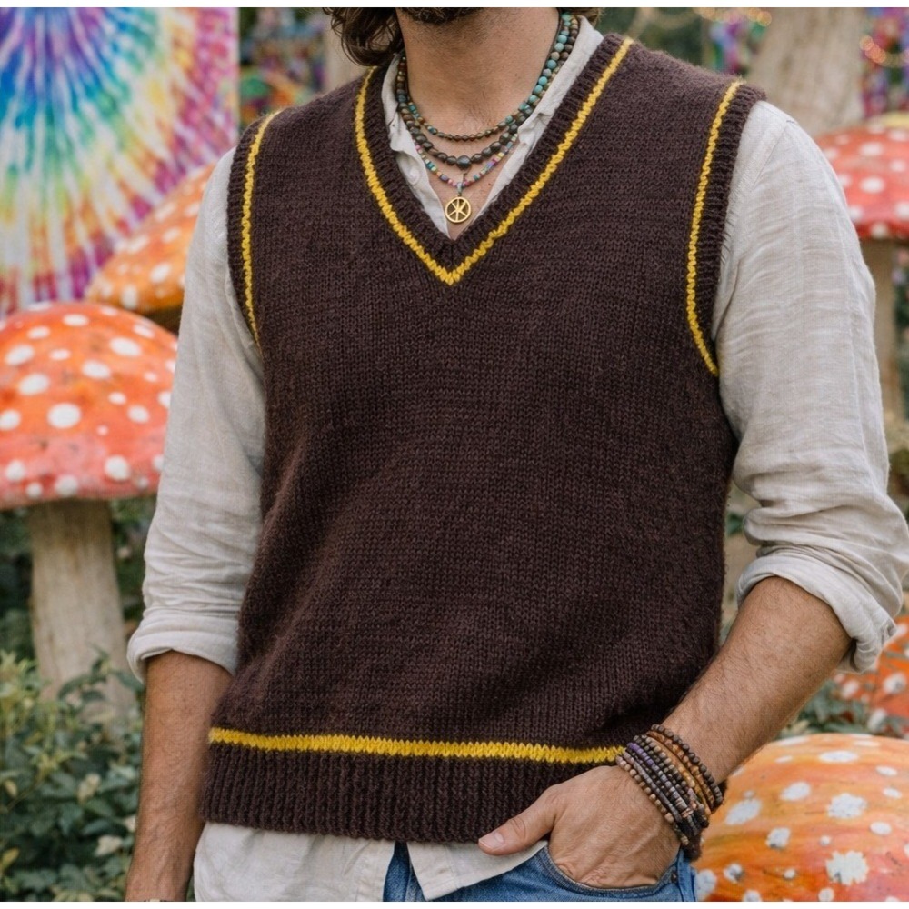 Vintage‎ 70's Sweater Vest Mens Brown Yellow V-Neck Preppy Academia Festival